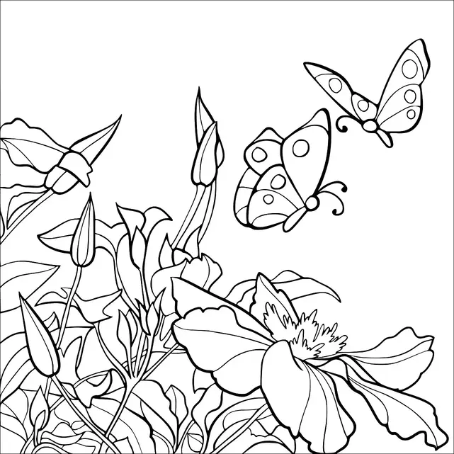 Butterflies with circular patterns on their wings hover around blooming flowers and unopened buds. Large leaves frame the flowers, adding to the garden setting. The scene is lively with the movement of the butterflies and the growth of the plants. The focus is on the interaction between the flowers and butterflies.