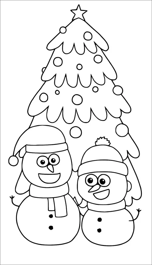 Two cheerful snowmen are standing in front of a decorated Christmas tree topped with a star. One snowman is wearing a Santa hat and scarf, while the other has a beanie and a scarf. The tree is adorned with round ornaments. Both snowmen have big smiles and button eyes.