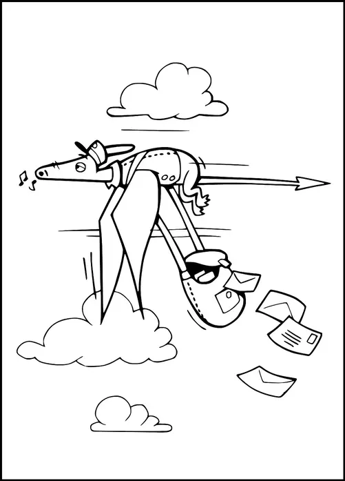 A horse dressed as a pilot is flying through the sky, attached to an arrow with wings. It carries a mailbag from which letters are falling out. Clouds float in the background, and musical notes indicate the horse is whistling or singing.