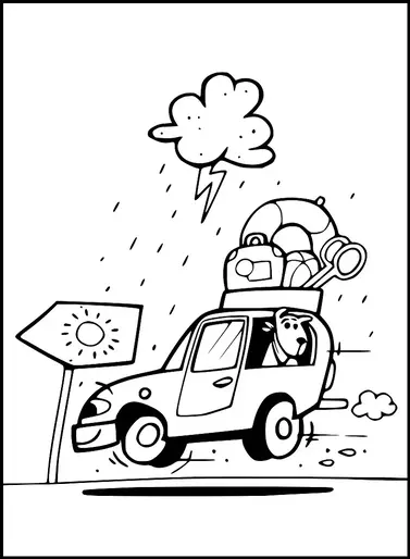 A dog is driving a car that's overloaded with luggage and various items on the roof. The car is shown bouncing along a road, while raindrops fall from a cloud with a lightning bolt. A signpost with a sunny symbol is on the side, contrasting with the stormy weather. The expression of the dog seems concerned as it looks out the window.