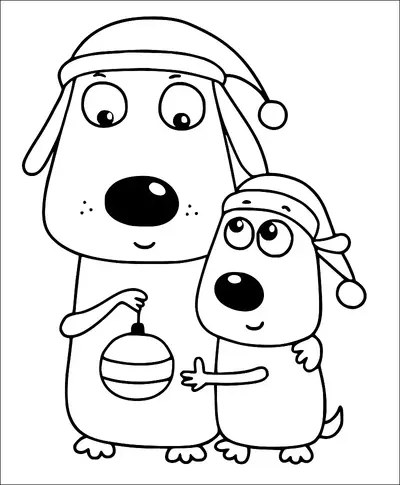 Two dogs are wearing Santa hats and standing close together. One dog is holding a Christmas ornament. The smaller dog is looking up at the larger one with an affectionate expression. They seem to be enjoying a festive moment together.