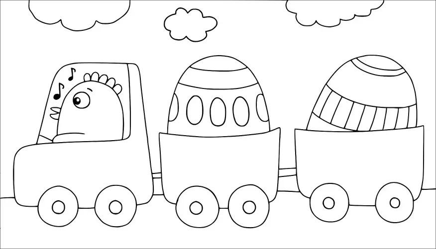 A cartoon train is carrying two large decorated eggs in its cars. A character with a feather crest is driving the train, while music notes float around its head. Above, there are a few fluffy clouds in the sky. The scene is simple and playful.