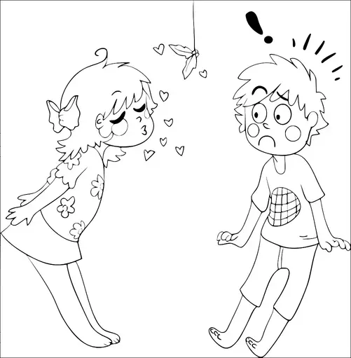 A girl with a bow in her hair is leaning forward to kiss a boy, who looks surprised and is leaning backward. Small hearts float between them, and there is mistletoe hanging above. The girl wears a dress with flower patterns, and the boy wears a T-shirt with a globe design. An exclamation mark hovers over the boy's head, indicating his surprise.