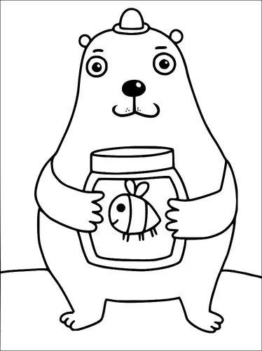 A bear is holding a jar that has a bee symbol on it. The bear is wearing a small hat on its head. Its facial expression is calm and content. The background is minimal, emphasizing the bear and the jar.