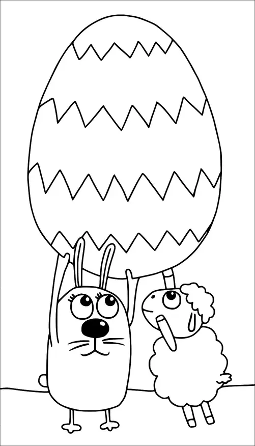 A rabbit and a sheep are holding a large Easter egg with a zigzag pattern. The rabbit has long ears and a cute, surprised expression. The sheep looks curiously at the egg. The scene is set outdoors on a simple landscape.