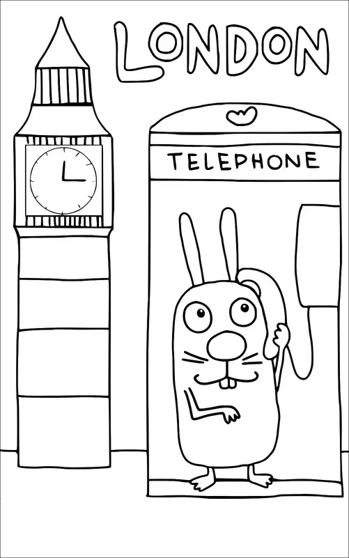 A cartoon rabbit is in a classic London telephone booth talking on the phone. The Big Ben clock tower is visible next to the booth. The word "LONDON" is written at the top of the scene. The rabbit looks surprised or curious.