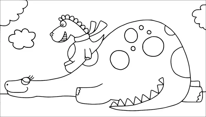 A happy dinosaur with a long neck and large spots is lying down contentedly. A smaller dinosaur wearing a scarf is playfully riding on the larger one's back. Fluffy clouds float in the sky, adding to the cheerful scene. The large dinosaur has a friendly face and a big smile.