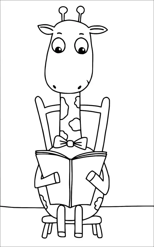 A giraffe with a cute expression is sitting on a chair, engrossed in reading a book. It wears a bow tie and has a pattern of spots on its neck and body. The giraffe holds the book open with its front legs. The background is minimal, focusing attention on the giraffe's activity.