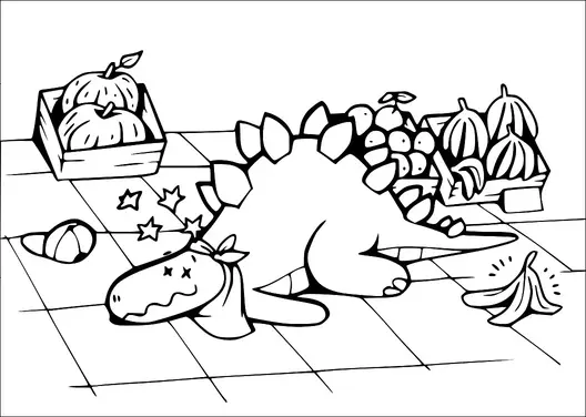 A stegosaurus wearing a bandana is seen on the floor next to a banana peel, appearing dizzy with stars around its head. Nearby, there are crates filled with large fruits, including pumpkins and bananas. The scene suggests a comedic mishap in a kitchen or market setting.