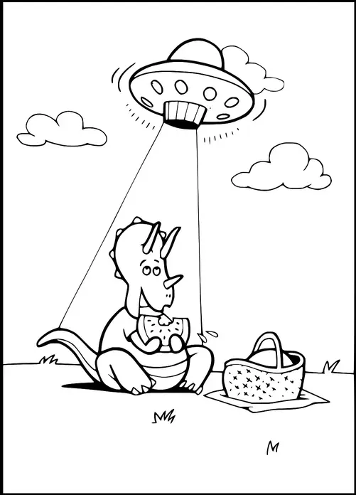 A triceratops sits on the grass enjoying a slice of watermelon with a picnic basket nearby. Above, a UFO beams down light toward the dinosaur. Fluffy clouds float in the sky, enhancing the whimsical scene. The setting suggests an unusual outdoor picnic.