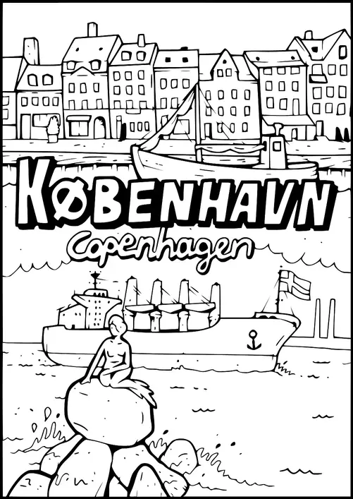 A harbor scene with traditional Nordic buildings lines the waterfront, alongside boats. The text "København" and "Copenhagen" highlights the location. A statue of a mermaid sits on rocks by the sea, with a large ship in the background. The sea waves add a lively element to the coastal city.