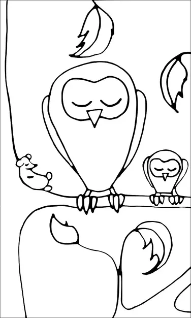 Two owls with closed eyes are perched on a branch. The larger owl is holding onto the branch with its wings. Several leaves are scattered around them. The scene suggests a peaceful, natural setting.