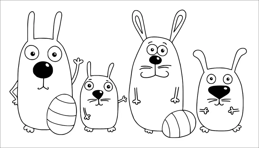 Four cartoonish creatures are standing side by side, each with large oval eyes and small snouts. Two of them appear to have ears like a rabbit, while the others have shorter, rounded ears. Striped eggs are placed near two of the characters. One of the creatures is waving its hand.