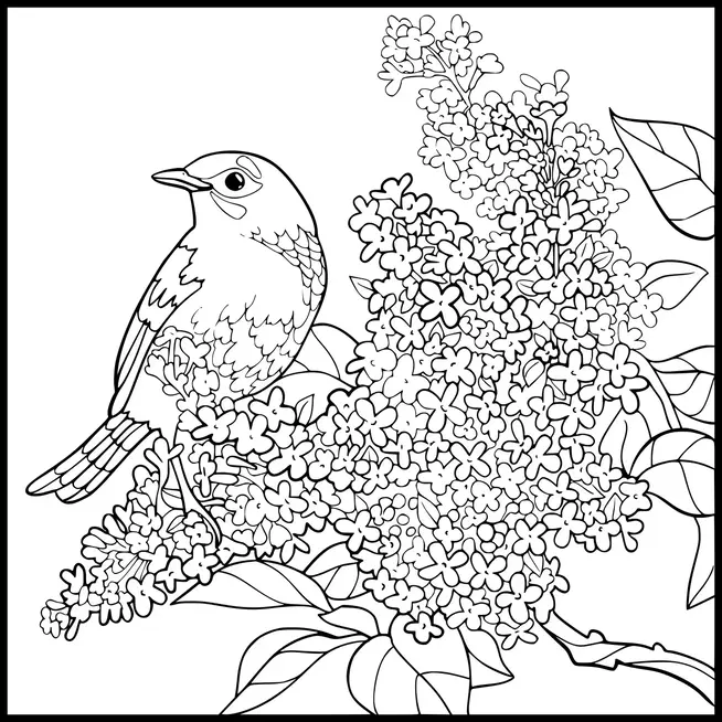 A bird is perched among a cluster of lilac flowers, surrounded by leaves. The scene incorporates intricate details in both the bird and floral elements. The composition captures a serene outdoor moment in nature.