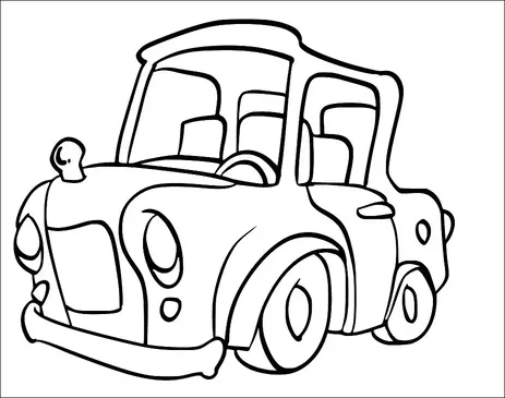 A cartoon car with exaggerated features, including large rounded headlights and a prominent front bumper. The car has a compact body and oversized wheels, giving it a playful appearance. The roof is slightly curved, and the windows are outlined distinctively. It resembles a classic style automobile with a friendly expression.