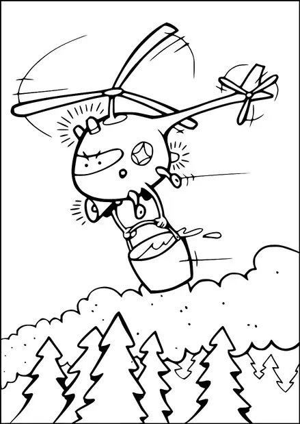 A helicopter is flying over a forested area, carrying a large bucket filled with water. The water is being used to douse flames, suggesting firefighting activity. Pine trees are visible below in the woodland setting. The helicopter appears to have animated features, suggesting a character-like persona.