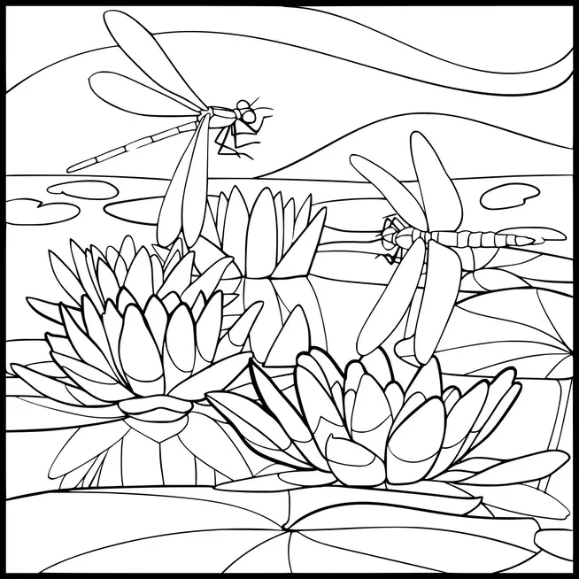 Dragonflies hover above a pond filled with flowering water lilies. The background includes gently rolling hills and a serene body of water. Large lily pads are scattered across the pond's surface. The scene captures a peaceful, natural wetland environment.