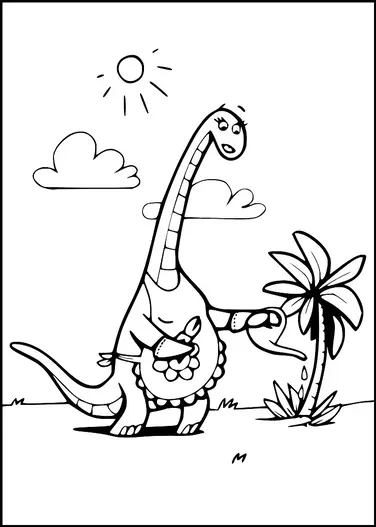 A long-necked dinosaur is watering a small palm tree with a watering can. The dinosaur is wearing an apron and is surrounded by a sunny sky with a few clouds. The setting appears to be a grassy area. The sun shines brightly above, creating a cheerful scene.