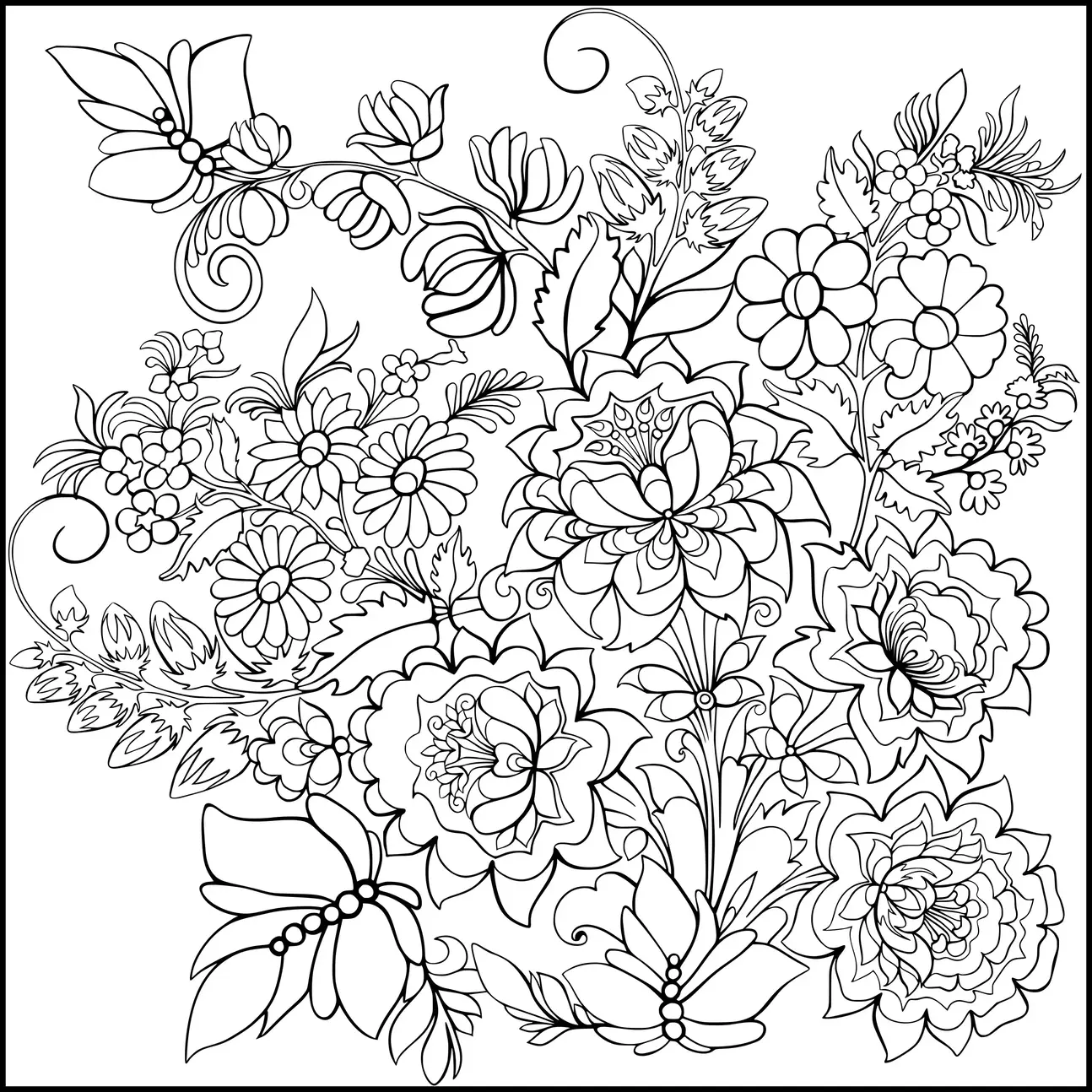 A dense arrangement of various flowers, including roses, daisies, and other intricate blooms, is interwoven with swirling leaves and stems. The composition is lush and symmetrical, with a harmonious blend of floral elements. Delicate details highlight texture and depth, creating an elaborate botanical tapestry. The interplay of different floral shapes provides a rich visual experience.