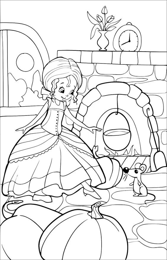 A girl in a dress is interacting with a small mouse near a fireplace in a cozy room. Two large pumpkins are on the floor, and a pot hangs inside the hearth. There is a clock and a vase with flowers on the mantle. A window shows a moonlit night outside.