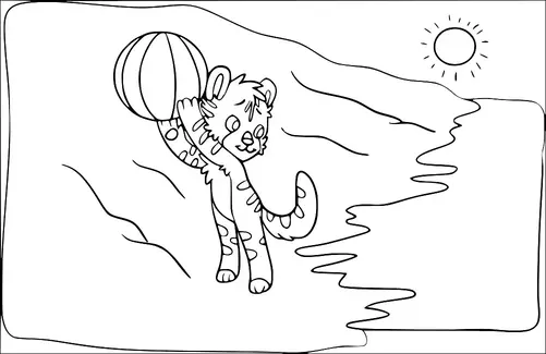 A playful leopard cub is holding a striped beach ball. It is standing on a shoreline with gentle waves approaching. The sun is shining brightly in the sky. The scene suggests a fun day at the beach.