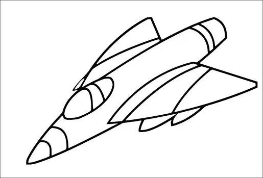 A sleek jet airplane is shown from a side angle, with distinctive pointed nose and large wings. The cockpit is visible towards the front of the plane. Smooth lines outline the aircraft’s streamlined body and tail. It appears to be flying in mid-air.