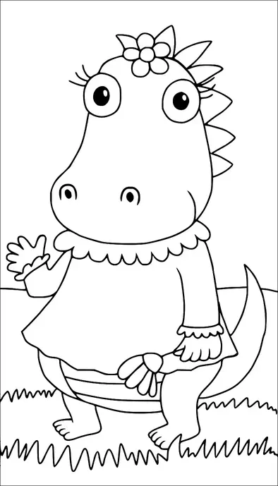 A dinosaur is standing upright, wearing a dress and holding a flower. It has big eyes, eyelashes, and a flower on its head. The tail is visible, extending outward. The scene includes grass at the dinosaur's feet.