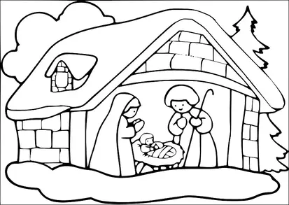 A nativity scene shows Mary and Joseph looking at baby Jesus in a manger within a stable. The stable has a roof with brick-like patterns, surrounded by trees and snow. Mary is kneeling with hands clasped, while Joseph stands with a staff. The setting is peaceful and reminiscent of a winter night.