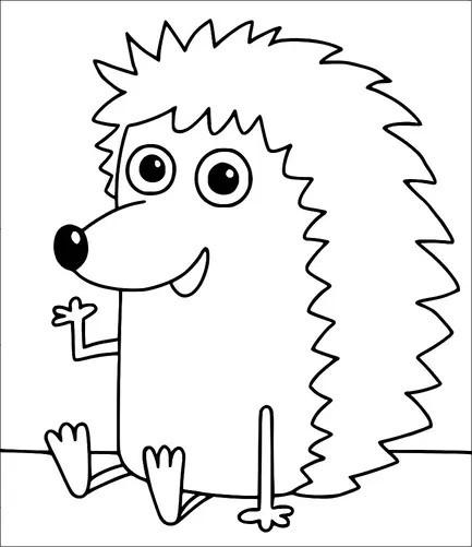 A cartoon hedgehog is sitting with an amused expression, waving with one hand. It has large eyes, a long nose, and spiky quills along its back. Its body is oval-shaped, and it has small, round feet. The hedgehog is smiling while sitting on a flat surface.