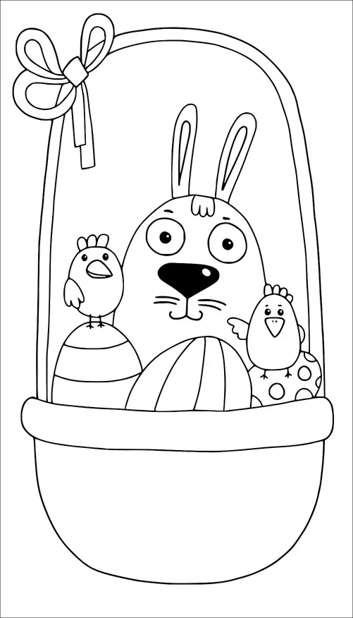 A rabbit with tall ears sits in a basket alongside two chickens. One chicken is standing on a striped egg while the other is perched on a polka-dotted egg. The basket is topped with a large bow.