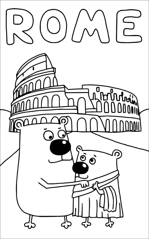 Two cartoon bears are standing in front of the Colosseum in Rome. They are hugging each other, and one bear is wearing a toga. The word "ROME" is written at the top of the image. The background shows a simple depiction of hills.