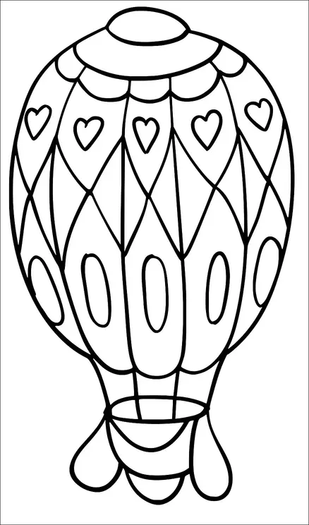 A hot air balloon is adorned with heart designs and oval patterns on its surface. The balloon has a classic shape with a basket at the bottom. Its surface is divided into sections with different shapes, and it has a small cap on top. The design is symmetrical and features bold lines.