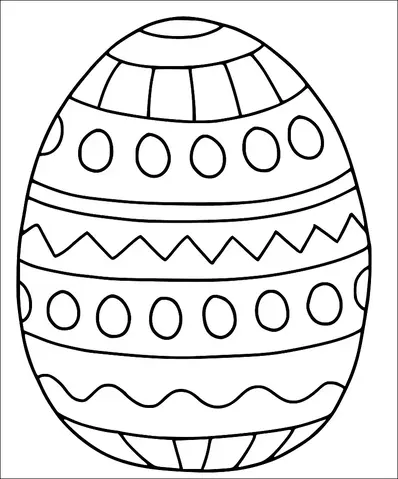 A decorative Easter egg is adorned with various patterns, including circles, zigzags, and stripes. The top and bottom sections have segmented lines, while the middle features a repetitive design of alternating shapes. The egg's symmetrical design showcases traditional motifs often associated with Easter celebrations. It is outlined in black against a plain background.