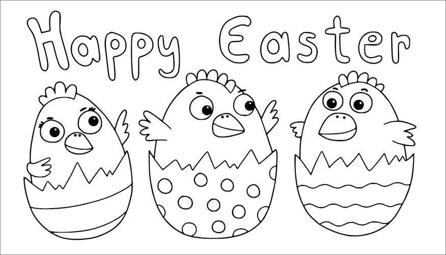 Three cheerful chicks are emerging from decorated Easter eggs. Above them, the phrase "Happy Easter" is written in playful letters. Each egg has a unique pattern, featuring stripes, polka dots, and zigzags. The chicks look excited and are positioned side by side.