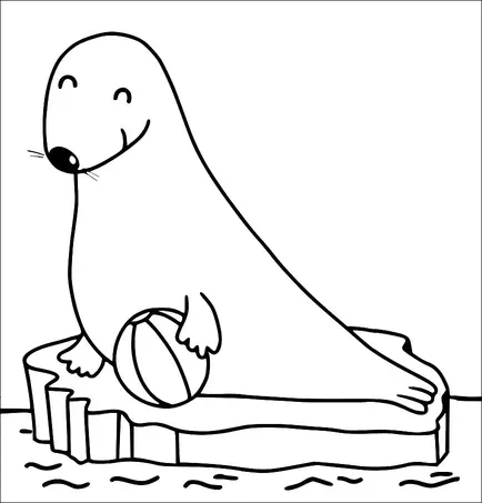 A cheerful seal sits on an ice floe, balancing a ball with its flipper. The seal has a smiling expression and a round nose. The water surrounding the ice floe is illustrated with gentle waves. The scene is simple and playful.