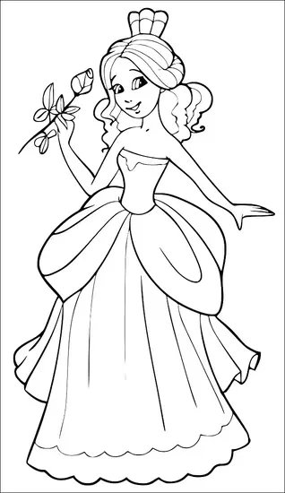 A princess with long hair is wearing an elegant ball gown. She holds a rose in one hand and has a gentle smile. Her dress features layered skirts and a fitted bodice. A small crown adorns her head.