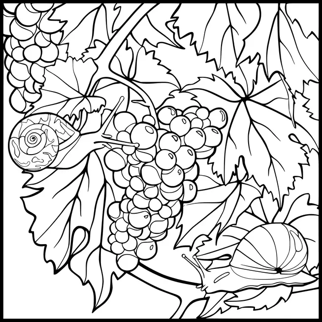 Two snails crawl among bunches of grapes and large vine leaves. The scene is rich with grape clusters hanging from the branches. Detailed leaves fill the background, providing a lush setting. The snails are moving slowly, adding a sense of calm to the image.