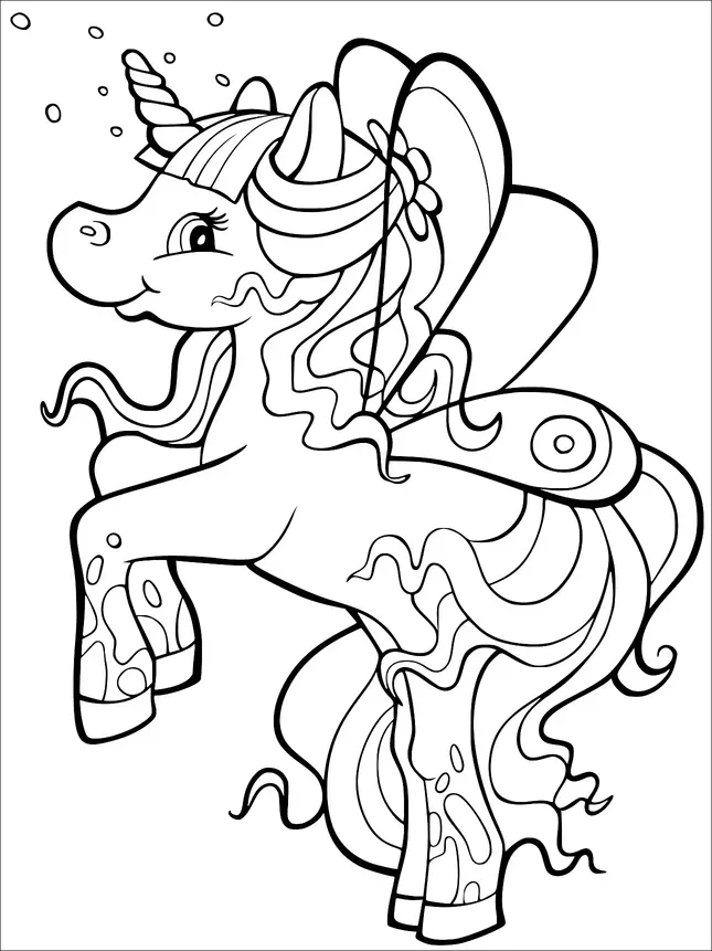 A unicorn with flowing mane and tail is depicted prancing, with decorative patterns on its legs and tail. It has a smiling expression and a spiral horn. The unicorn's wings are large and ornate. Bubbles are floating around its head.