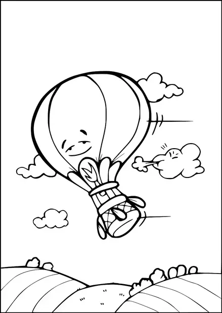 A hot air balloon with a face and a small propeller at the bottom appears to be moving through the sky. A gust of wind in the form of a cloud is blowing at the balloon. Other fluffy clouds are present in the sky. Rolling hills are visible in the landscape below.