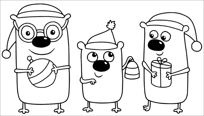 Three cartoon bears are wearing festive hats, each holding an object. The bear on the left wears glasses and holds a striped bauble. The middle bear holds a bell-shaped ornament, and the bear on the right carries a wrapped gift. All bears are smiling and appear cheerful.