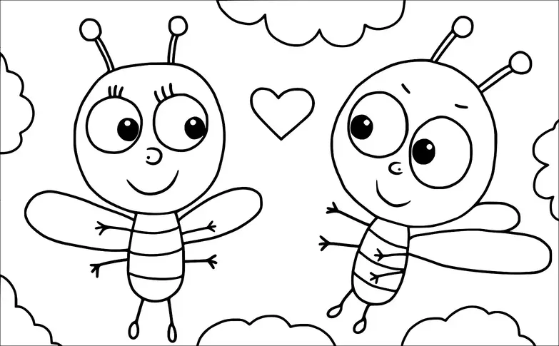 Two cartoon bees with big eyes and smiling faces are flying towards each other with a heart between them. They have cute antennae and striped bodies. The background is filled with fluffy clouds. The bees appear to be happy and cheerful.