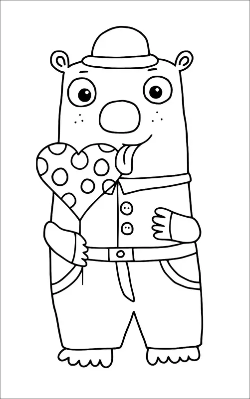 A bear wearing a bowler hat is holding a heart-shaped lollipop. The lollipop is decorated with polka dots. The bear is wearing a shirt with buttons and pants with pockets. Its tongue is playfully sticking out.