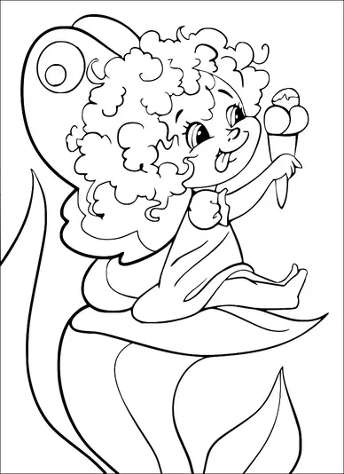 A fairy with curly hair sits on a leaf, happily holding two scoops of ice cream. She is smiling with her tongue out in anticipation. Her wings are visible behind her back. The environment suggests a whimsical, natural setting.