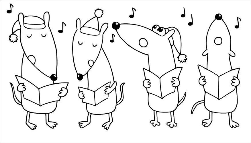 Four mice are singing Christmas carols, each holding a songbook. They are wearing festive hats with pom-poms, and musical notes are floating around them, indicating they are singing joyfully. The mice are standing side by side, eyes closed, fully engrossed in their performance.