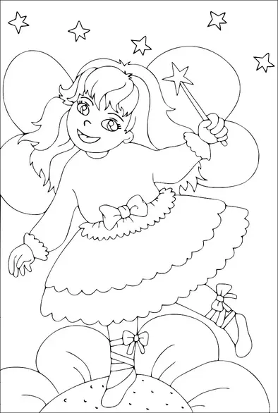 A fairy with butterfly wings holds a star-topped wand and stands on a large flower. She wears a dress with bows and has a joyful expression. Stars are scattered in the background, enhancing the magical theme. Striped socks and ballet-style shoes complete her whimsical outfit.