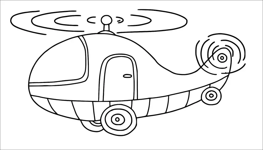 A cartoon helicopter with large wheels and a round cabin is shown. It has a single rotor on top and a tail rotor. The helicopter features a door on the side and circular designs on the lower part. Two stylized rotors indicate motion.