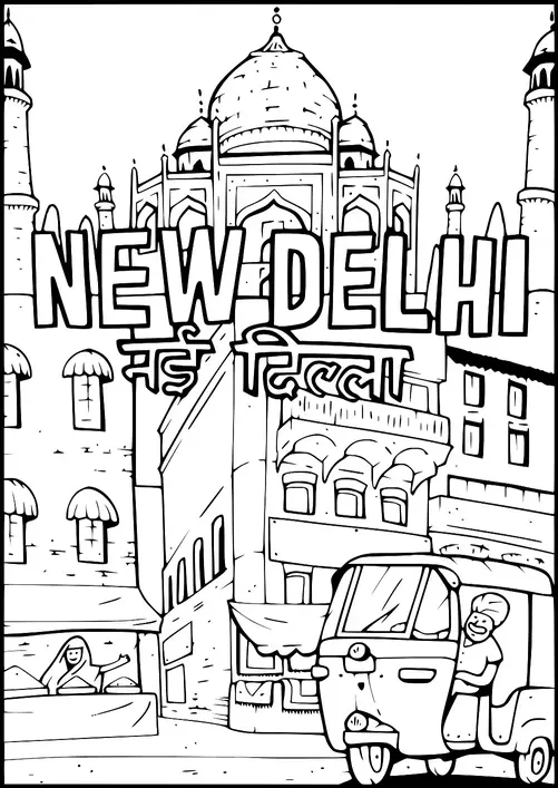 A vibrant city scene showcases New Delhi with a prominent historical monument in the background. The image includes a bustling street with a rickshaw driver and a market vendor. Large text spells out "New Delhi" both in English and Hindi. The scene captures the lively atmosphere and iconic architecture of the city.