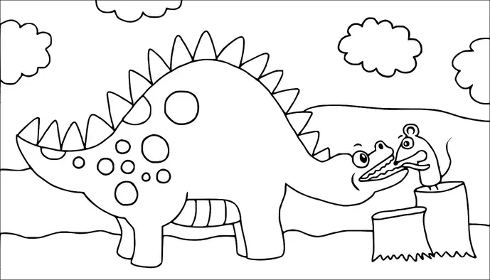 A cartoon dinosaur with spikes along its back is standing in a landscape with hills and clouds. It is playfully interacting with a bird perched on a tree stump. The dinosaur has large circular patterns on its body. The scene is whimsical and set in a prehistoric environment.