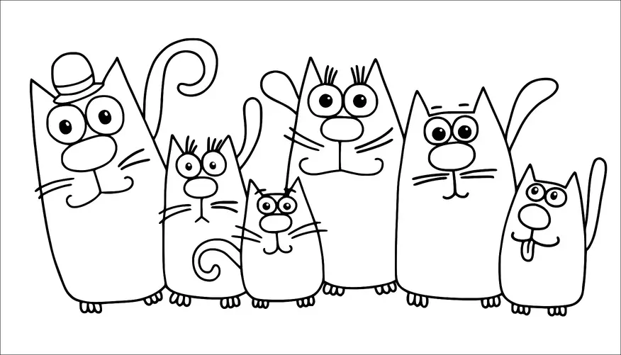 Six cartoon cats are standing in a row, each with distinct expressions and features. One cat is wearing a hat, adding to its playful appearance. The group includes a variety of facial expressions, with one cat sticking its tongue out. The cats' tails are curled and they all have exaggerated eyes and whiskers.