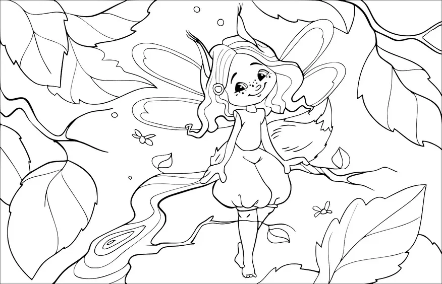 A cheerful fairy with delicate wings and flowing hair stands amidst large leaves in a forest setting. She has a friendly expression and is surrounded by small flowers and foliage. The scene conveys a magical and enchanting atmosphere. The fairy is depicted barefoot, adding to the whimsical charm of the scene.